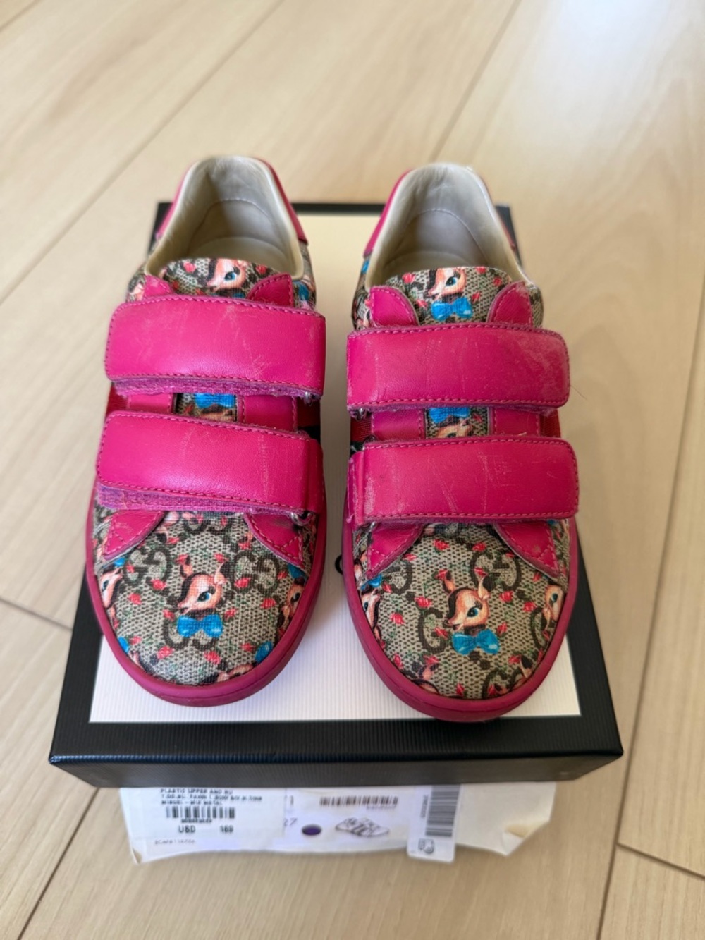 Gucci Bambi Hot Pink Velcro Floral-Print Sneakers